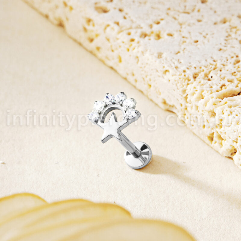 Piercing Labret Titânio Estrela Detalhe Zircônia Cravejada