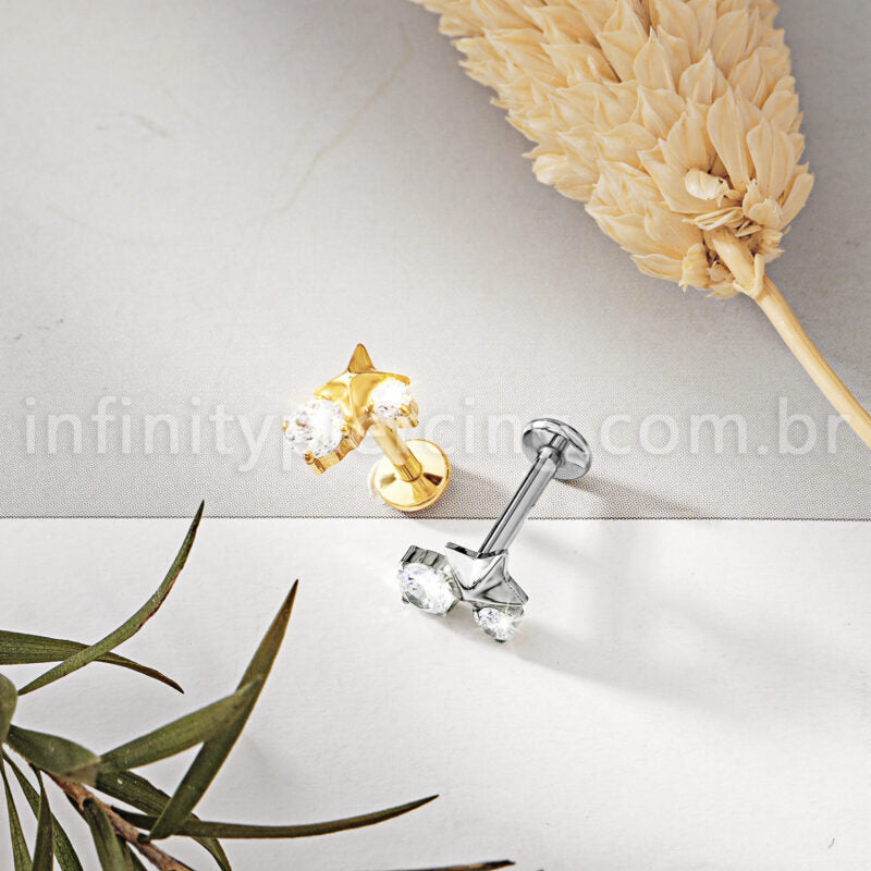 Piercing Labret Titânio Estrela 4 Pontas Com Zircônia Cravejada