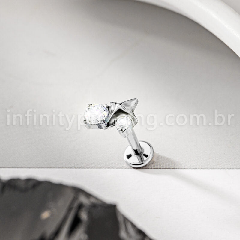 Piercing Labret Titânio Estrela 4 Pontas Com Zircônia Cravejada