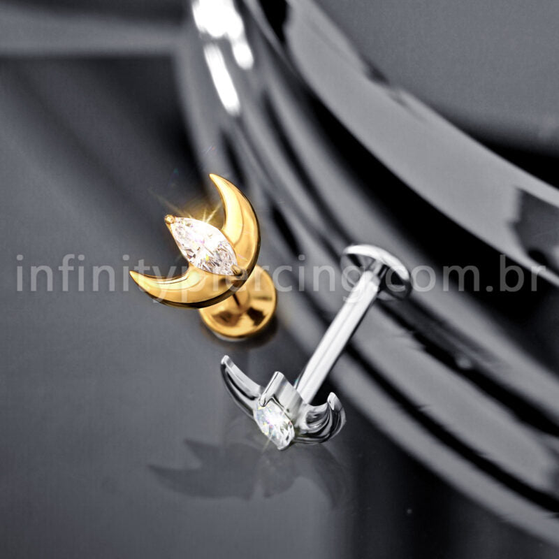 Piercing Labret Titânio Lua Com 1 Pedra Zircônia