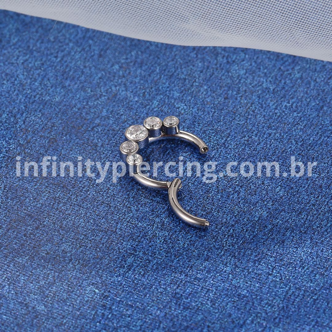 Piercing Argola Titânio Segmento Articulado 5 Pedras Zircônia Cravejada
