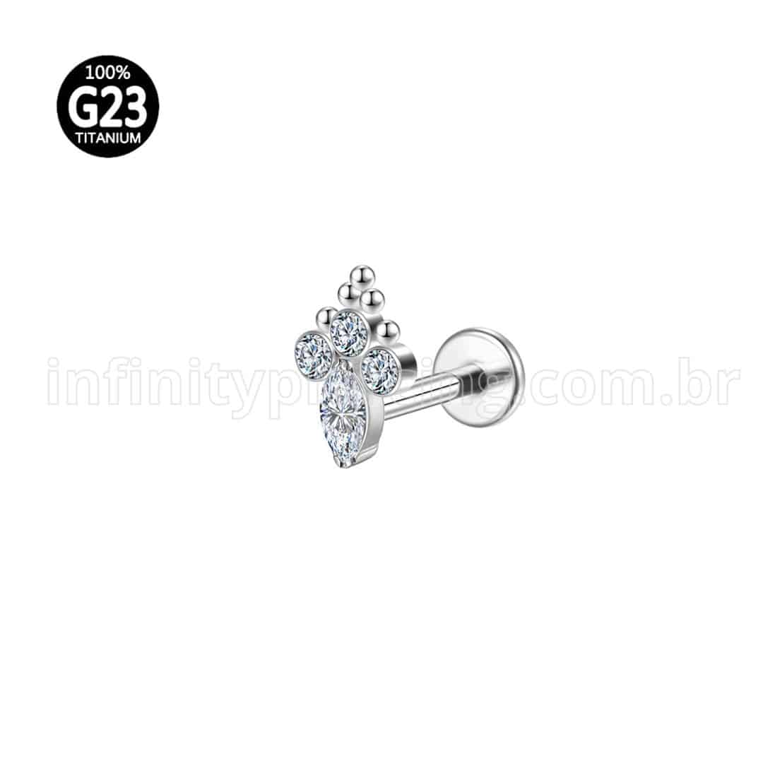 Piercing Labret Titânio Rosca Interna 4 Pedras Zircônia Cravejada
