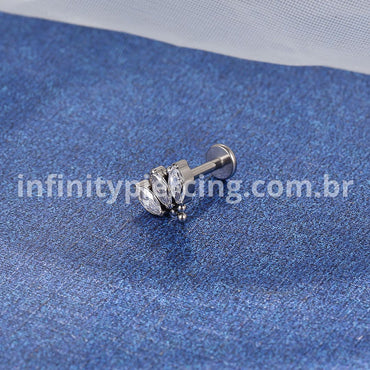 Piercing Labret Titânio Rosca Interna Zircônia Cravejada 3 Pedras Oval