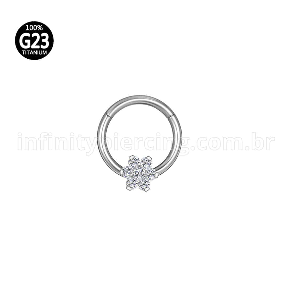 Piercing Argola Titânio Segmento Articulado Flor Zircônia Cravejada