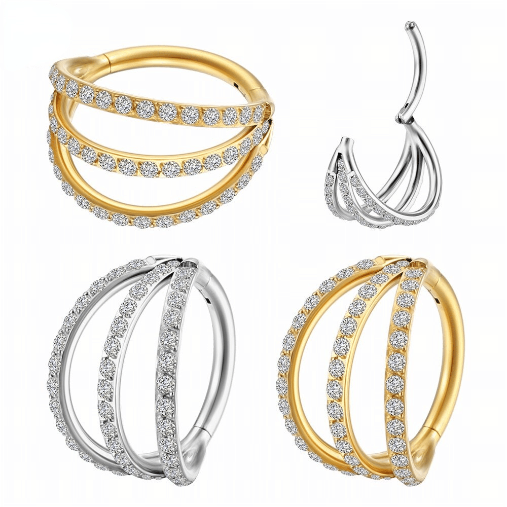 Piercing Argola Segmento Articulado Aço Cirurgico Zircôrnia 3 Fileiras Vazadas