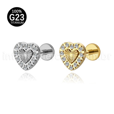 Piercing Labret Titânio Coração Com Zircônia Cravejada