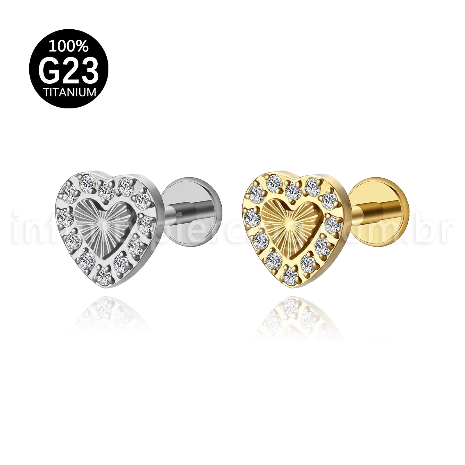 Piercing Labret Titânio Coração Com Zircônia Cravejada