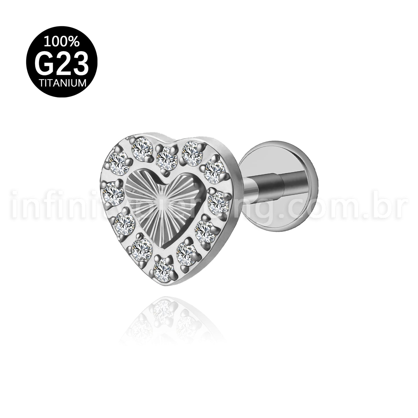 Piercing Labret Titânio Coração Com Zircônia Cravejada