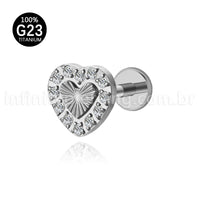 Piercing Labret Titânio Coração Com Zircônia Cravejada