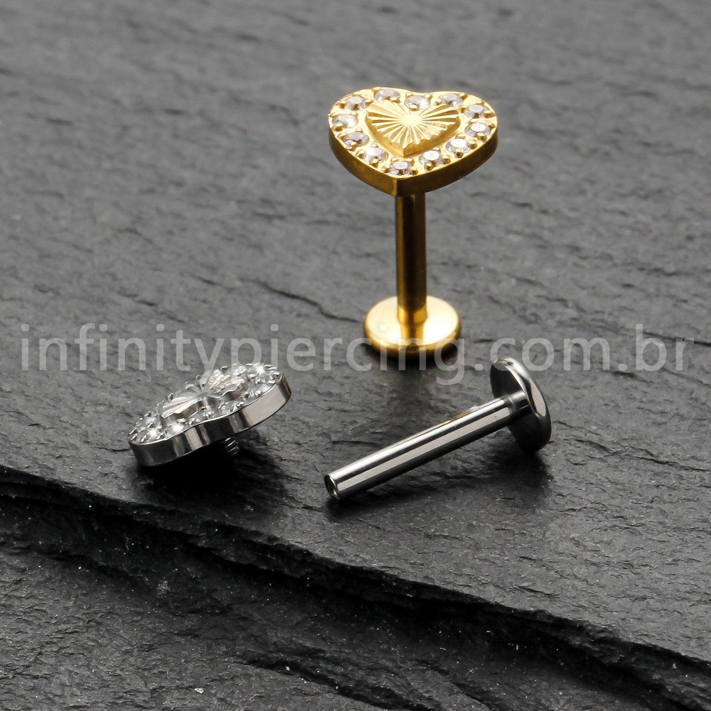 Piercing Labret Titânio Coração Com Zircônia Cravejada