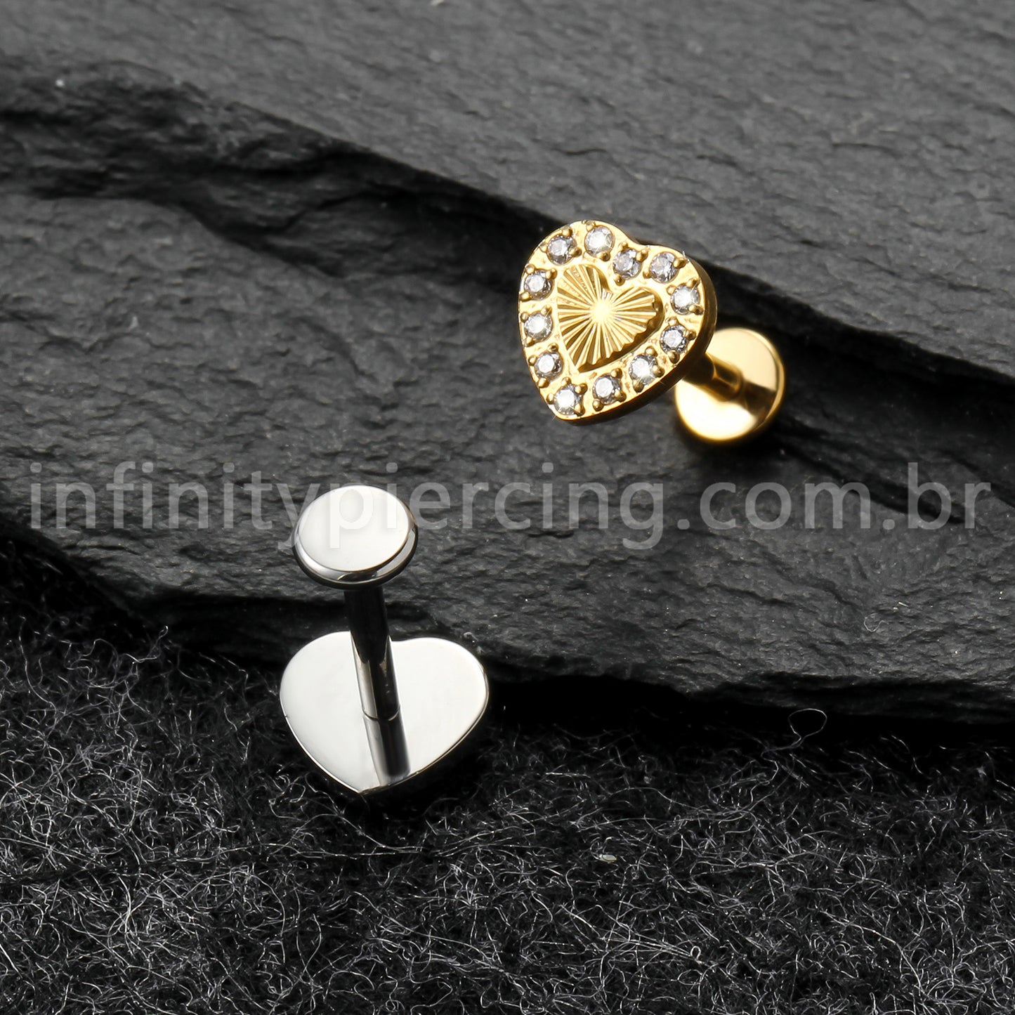 Piercing Labret Titânio Coração Com Zircônia Cravejada