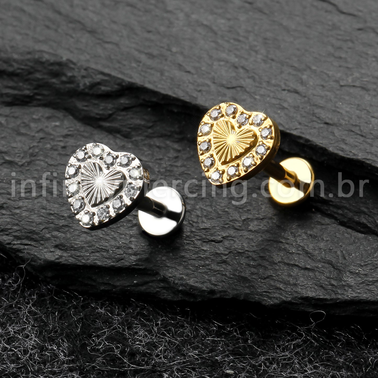 Piercing Labret Titânio Coração Com Zircônia Cravejada