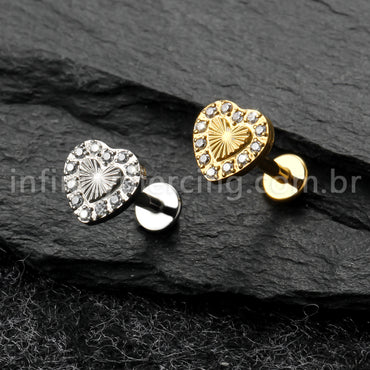 Piercing Labret Titânio Coração Com Zircônia Cravejada