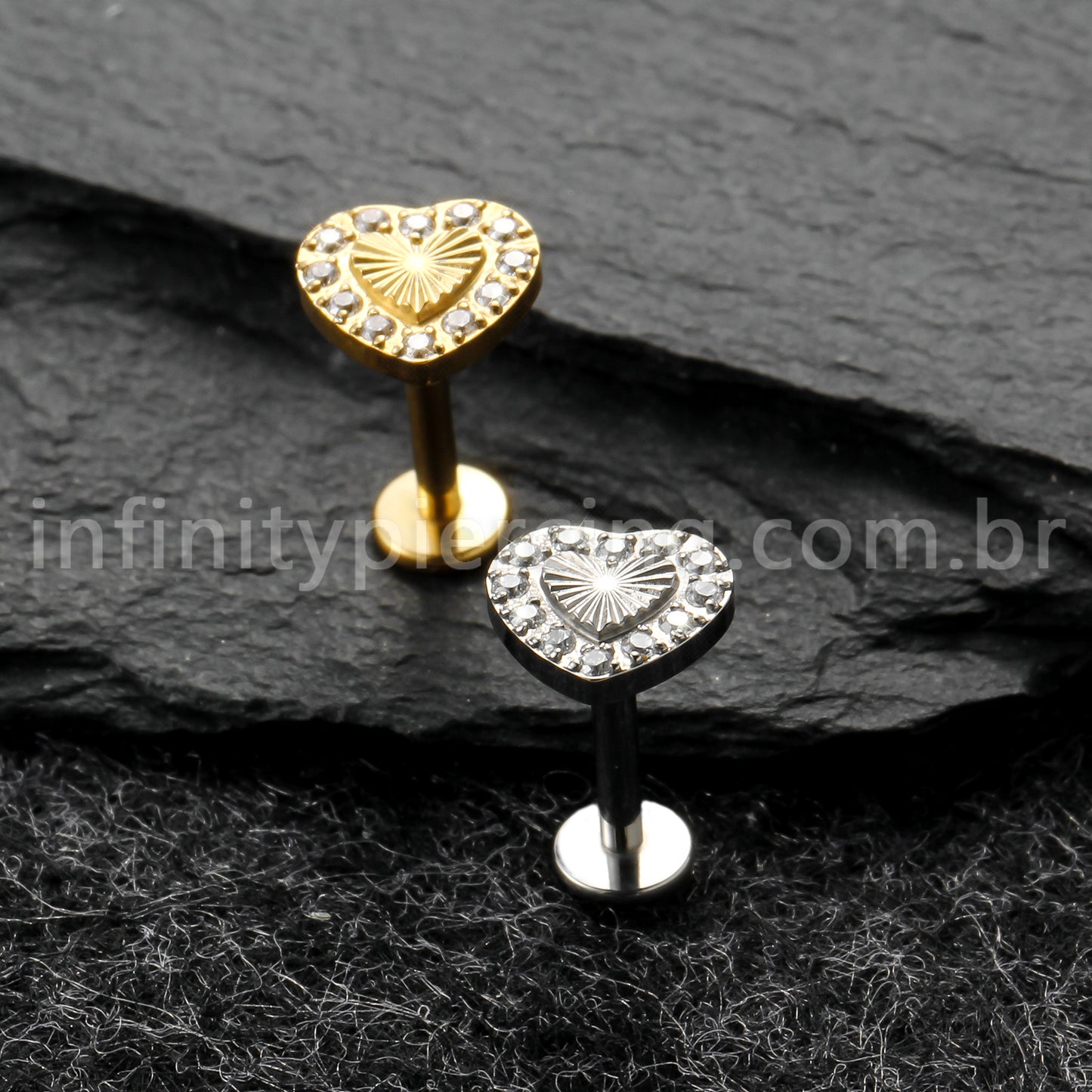 Piercing Labret Titânio Coração Com Zircônia Cravejada