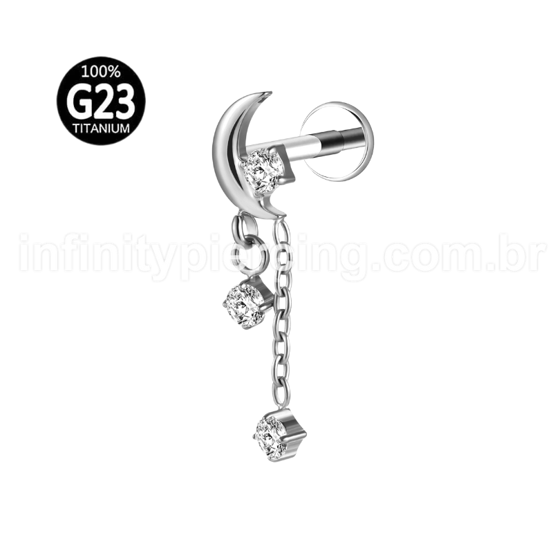 Piercing Labret Titânio Lua Com Correntes Zircônias