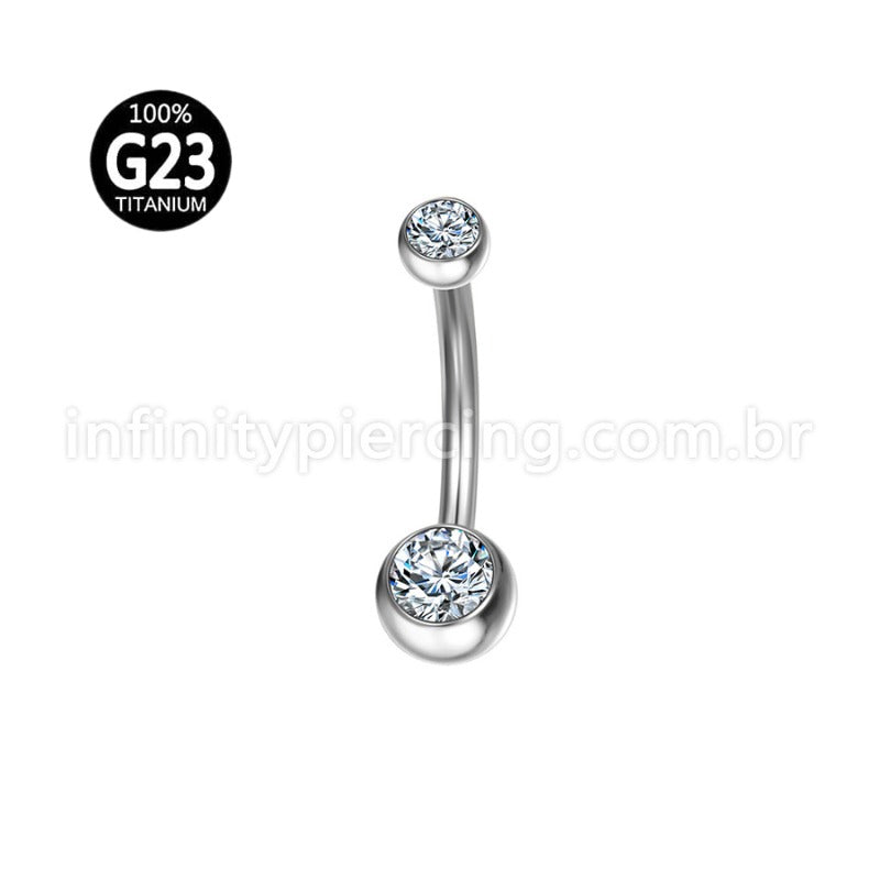 Piercing Banana Titânio 2 Pedras Strass Redonda Rosca Interna