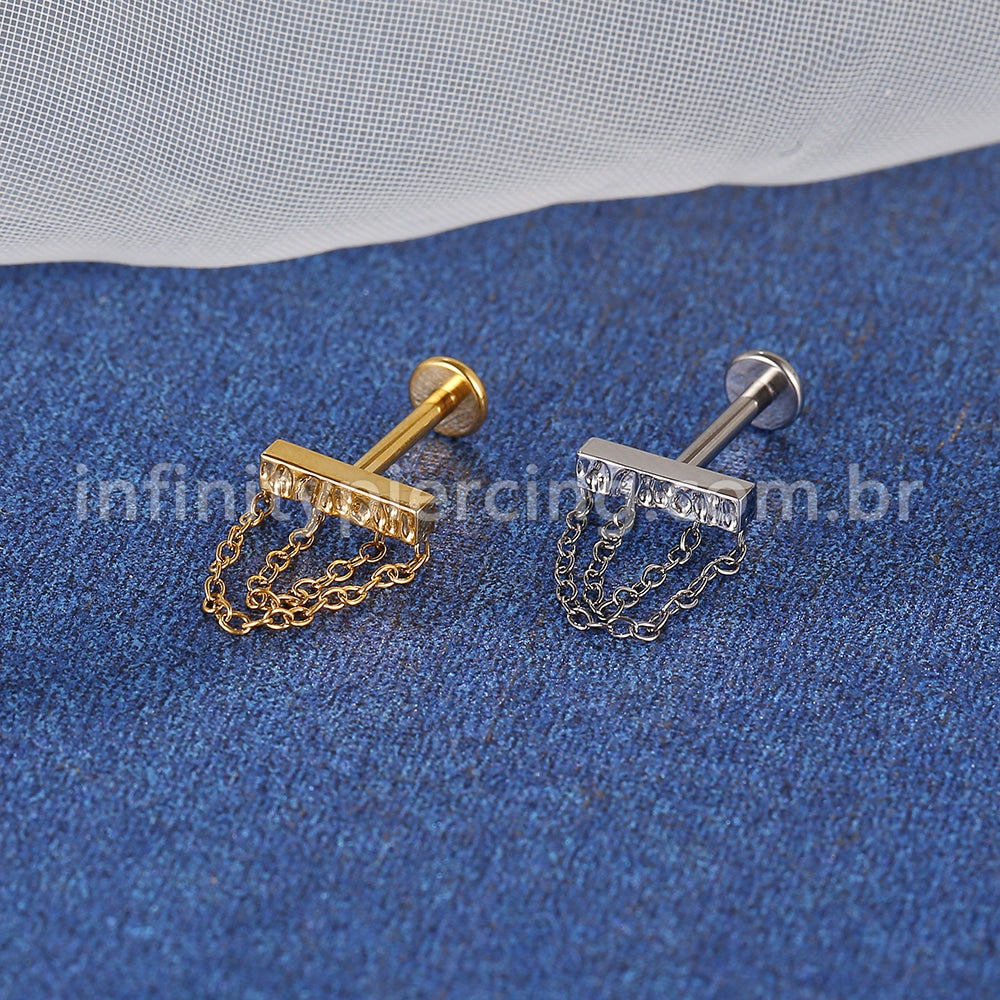 Piercing Labret Titânio Barra Detalhada Com Correntes