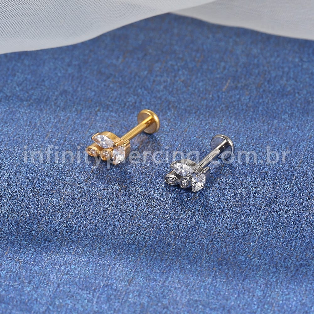 Piercing Labret Titânio Folhas Zircônias Cravejadas