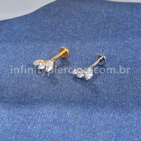 Piercing Labret Titânio Trio Zircônias Oval Cravejadas