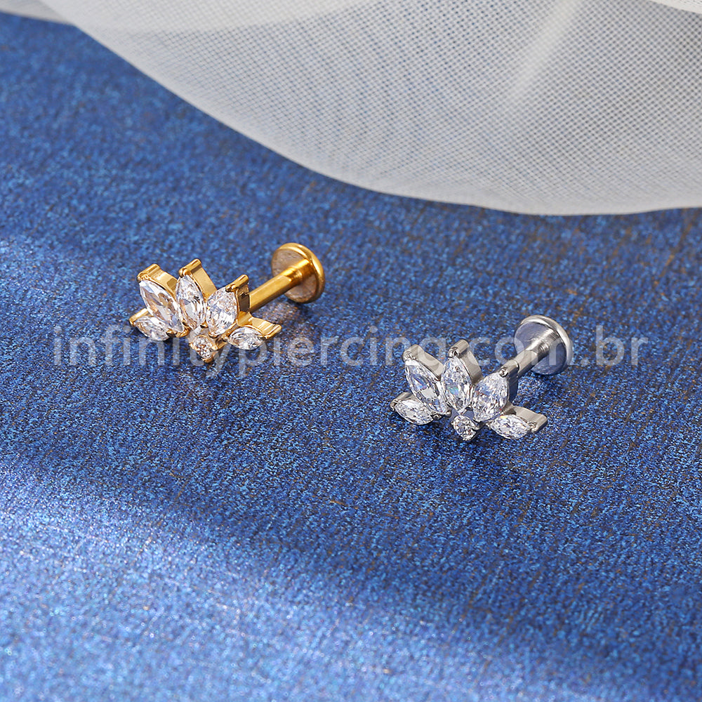 Piercing Labret Aço Cirúrgico Folhas Zircônia Cravejada