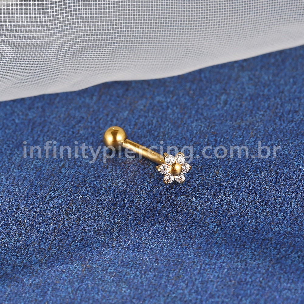 Piercing Minibarbell Curvo Aço Cirúrgico Flor Zircônia