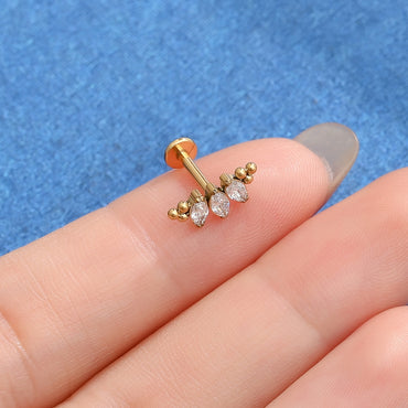 Piercing Labret Aço Cirúrgico 3 Pedras  Zircônia Cravejada