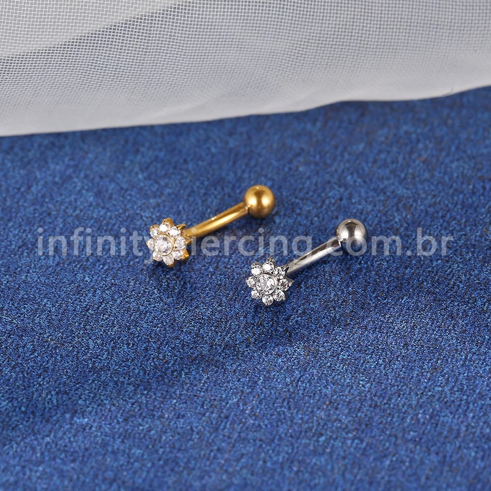 Piercing Minibarbell Curvo Titânio Flor 9 Zircônias