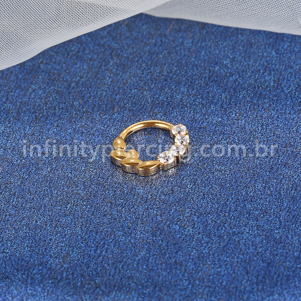 Piercing Argola Aço Cirúrgico Folhas/Zircônia Cravejada