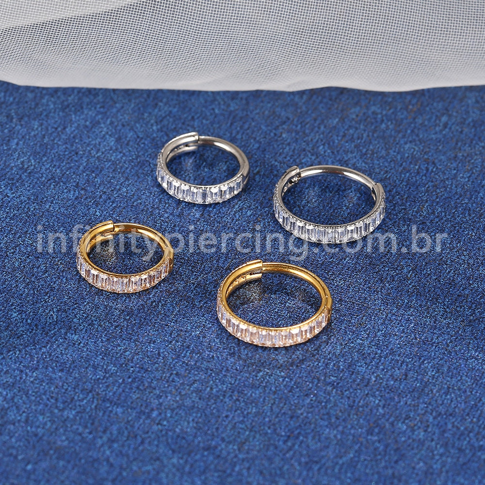 Piercing Argola Titânio Segmento Articulado Zircônia Retangular Cravejada