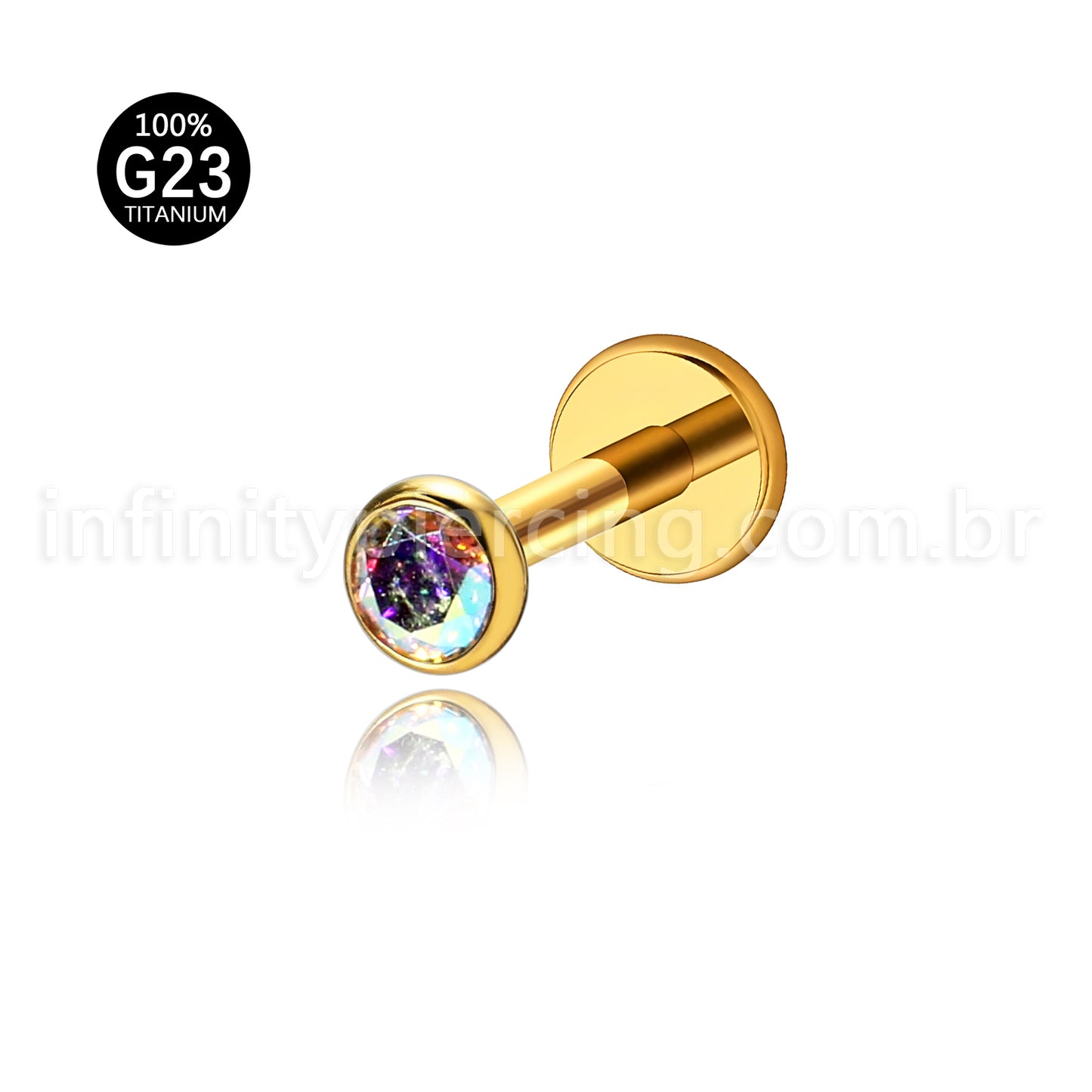 Piercing Labret Titânio Zircônia Ponto de Luz Colorida Rosca Interna