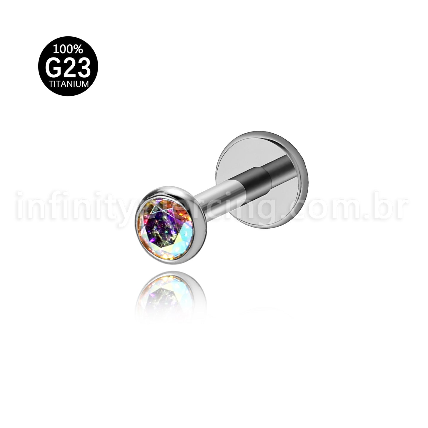 Piercing Labret Titânio Zircônia Ponto de Luz Colorida Rosca Interna