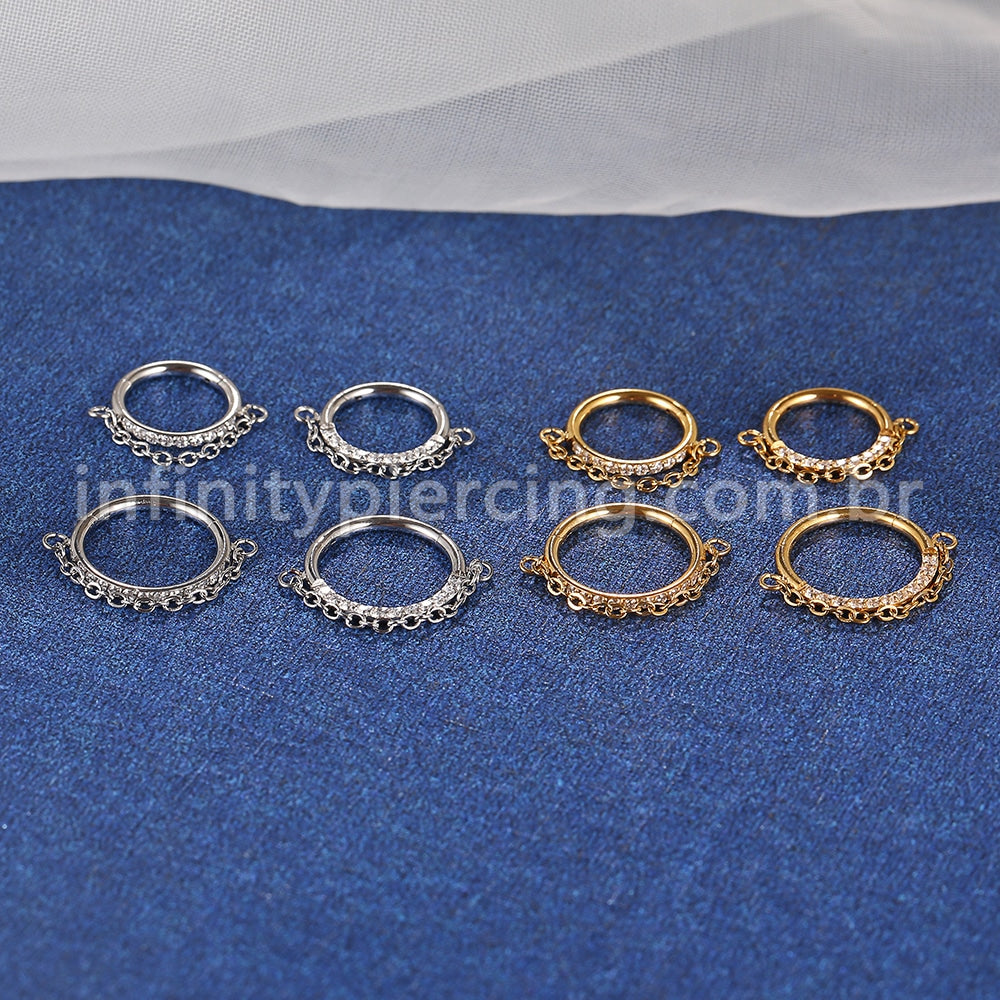 Piercing Argola Aço Cirúrgico Segmento Articulado Zircônia Lateral Corrente
