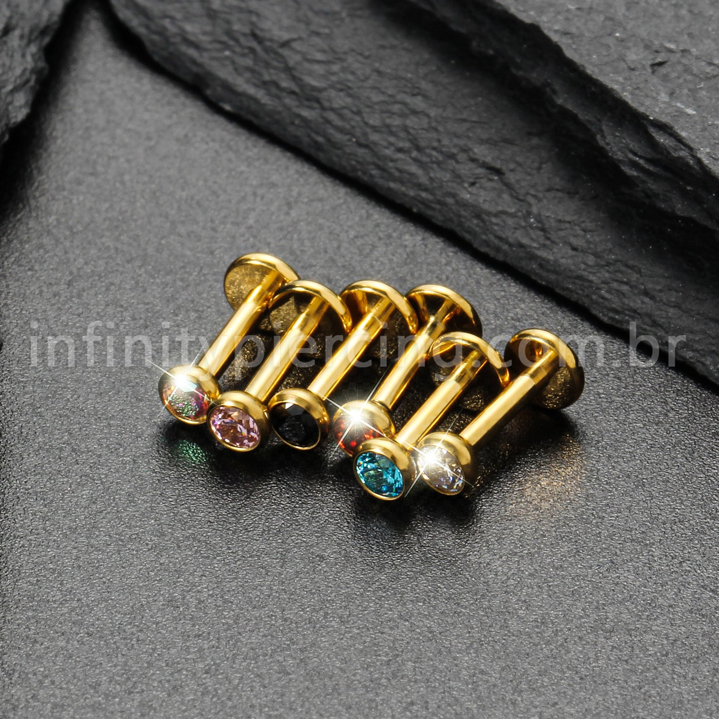 Piercing Labret Titânio Zircônia Ponto de Luz Colorida Rosca Interna