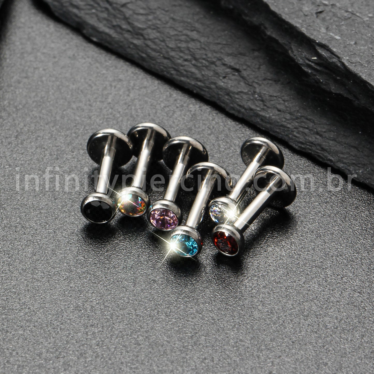 Piercing Labret Titânio Zircônia Ponto de Luz Colorida Rosca Interna