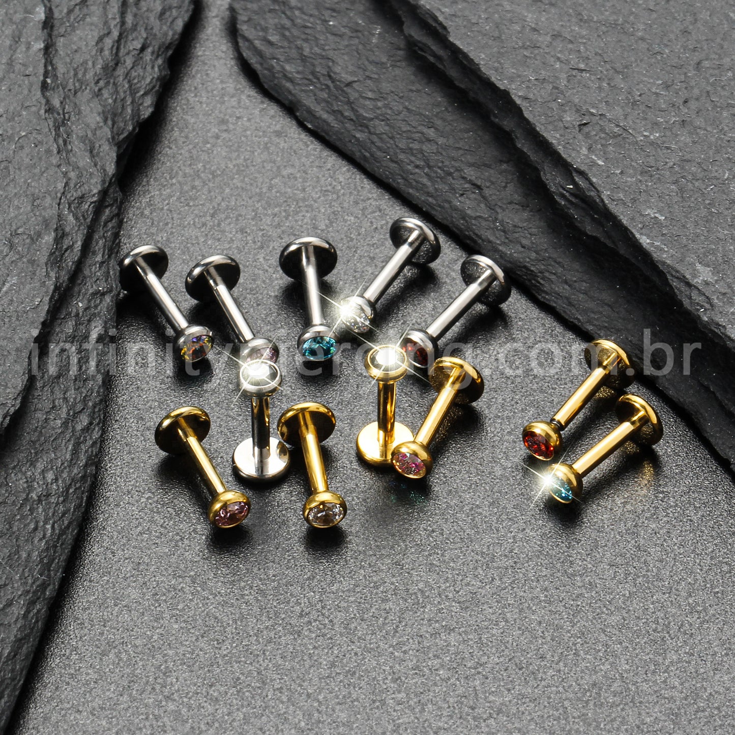Piercing Labret Titânio Zircônia Ponto de Luz Colorida Rosca Interna