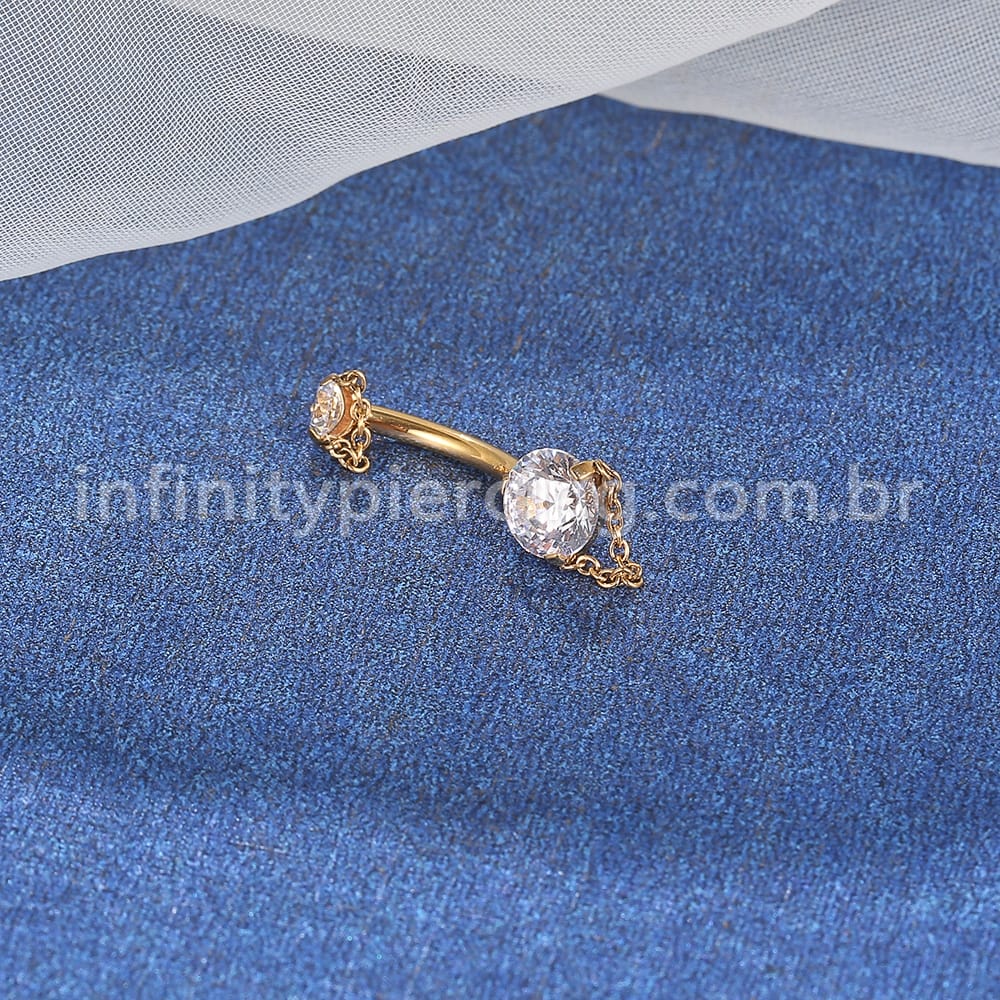 Piercing Banana Aço Cirúrgico 2 Pedras Zircônia Com Correntes