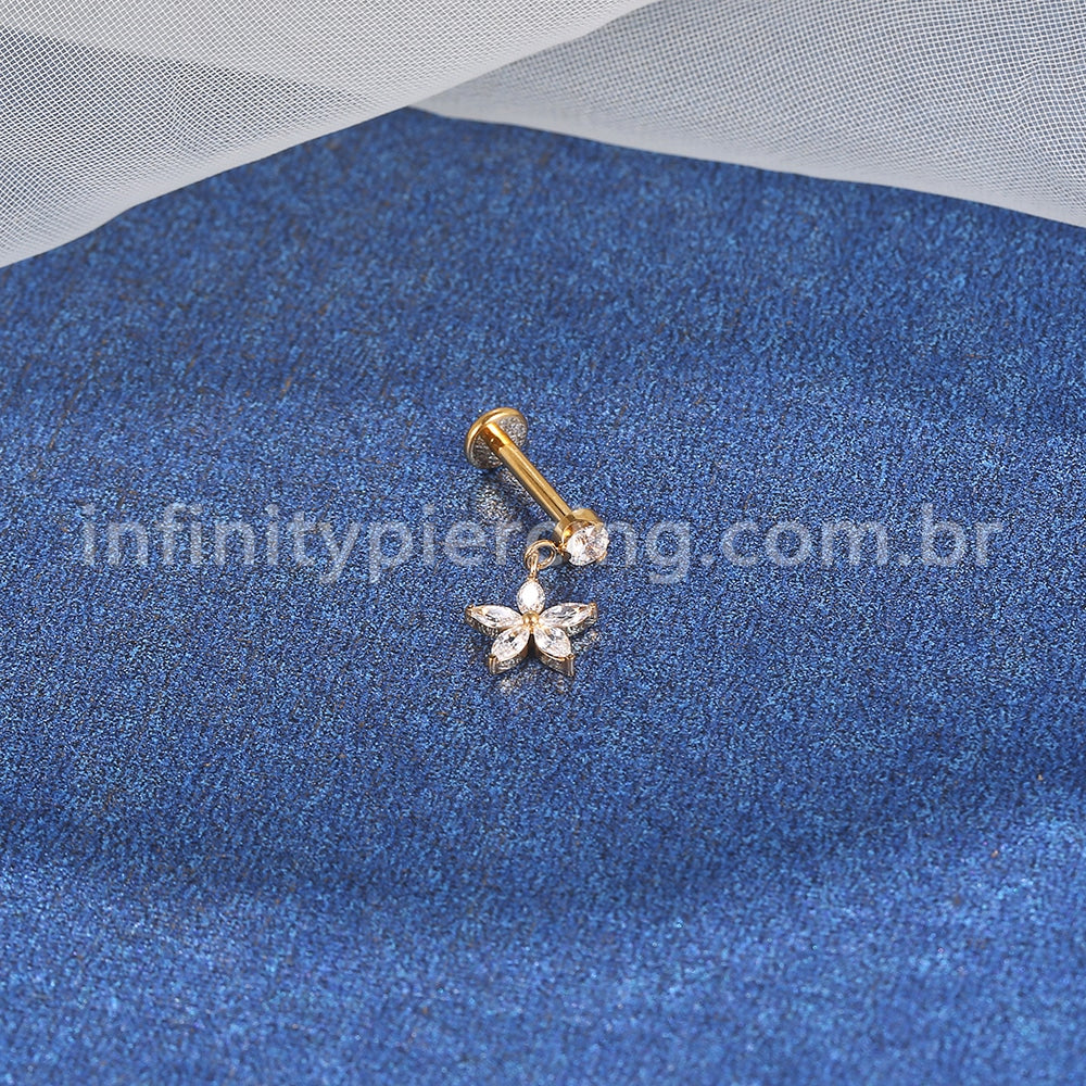 Piercing Labret Aço Cirúrgico Com Pingente Flor Zircônia Cravejada
