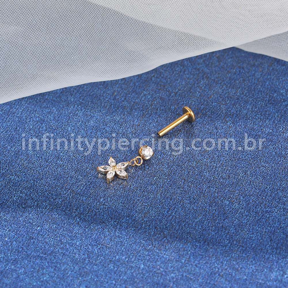 Piercing Labret Aço Cirúrgico Com Pingente Flor Zircônia Cravejada