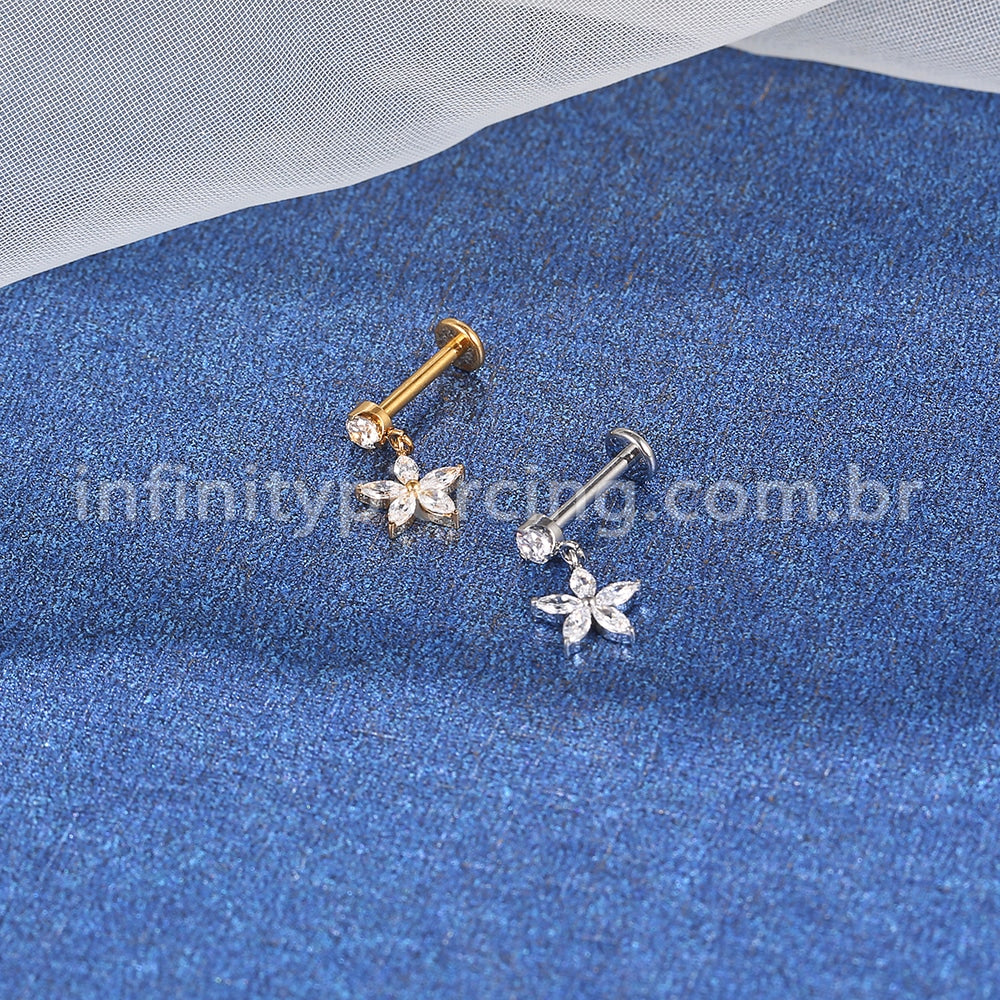 Piercing Labret Aço Cirúrgico Com Pingente Flor Zircônia Cravejada