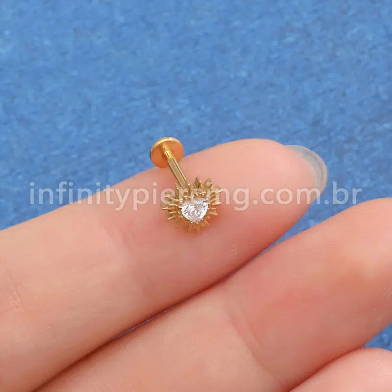 Piercing Labret Titânio Coração Com Detalhes Zircônia Cravejada