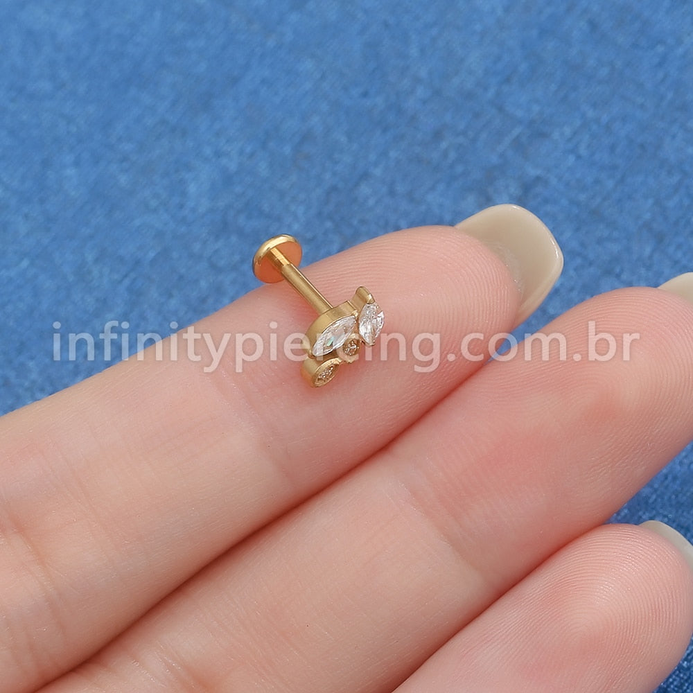 Piercing Labret Titânio Folhas Zircônias Cravejadas