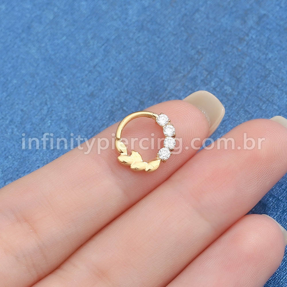 Piercing Argola Aço Cirúrgico Folhas/Zircônia Cravejada