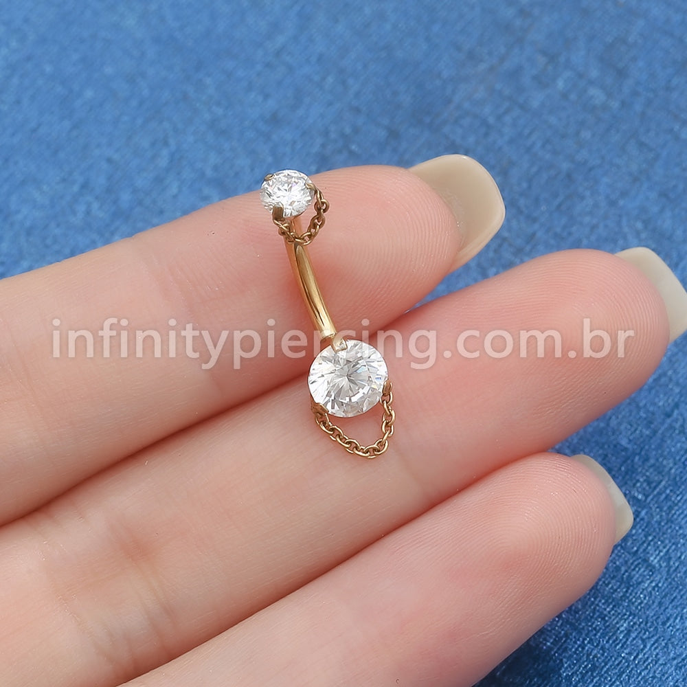 Piercing Banana Aço Cirúrgico 2 Pedras Zircônia Com Correntes