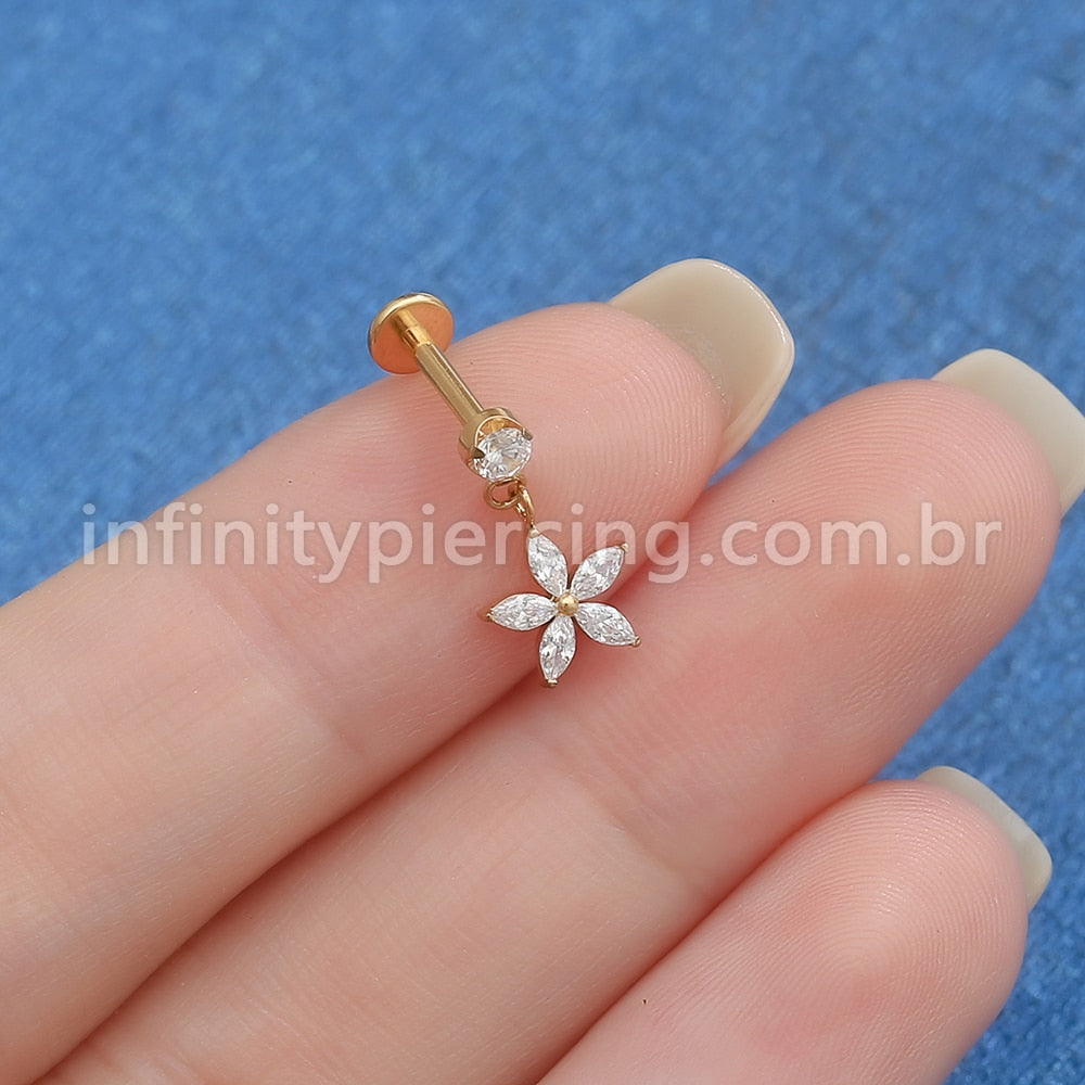 Piercing Labret Aço Cirúrgico Com Pingente Flor Zircônia Cravejada