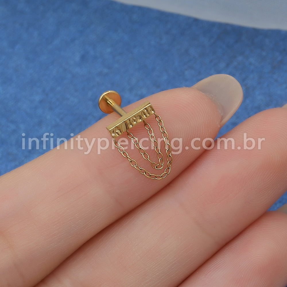 Piercing Labret Titânio Barra Detalhada Com Correntes