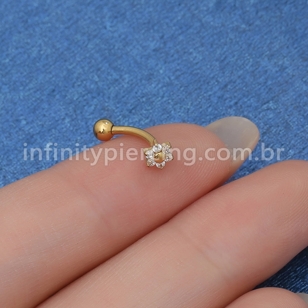 Piercing Minibarbell Curvo Aço Cirúrgico Flor Zircônia