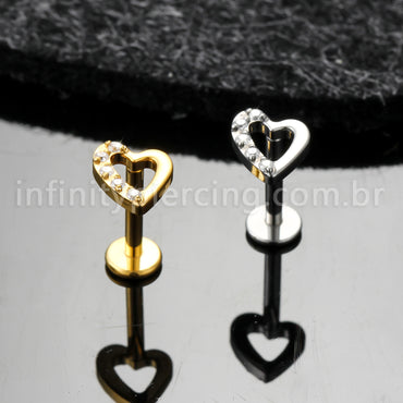 Piercing Labret Titânio Coração Com Zircônia Lateral