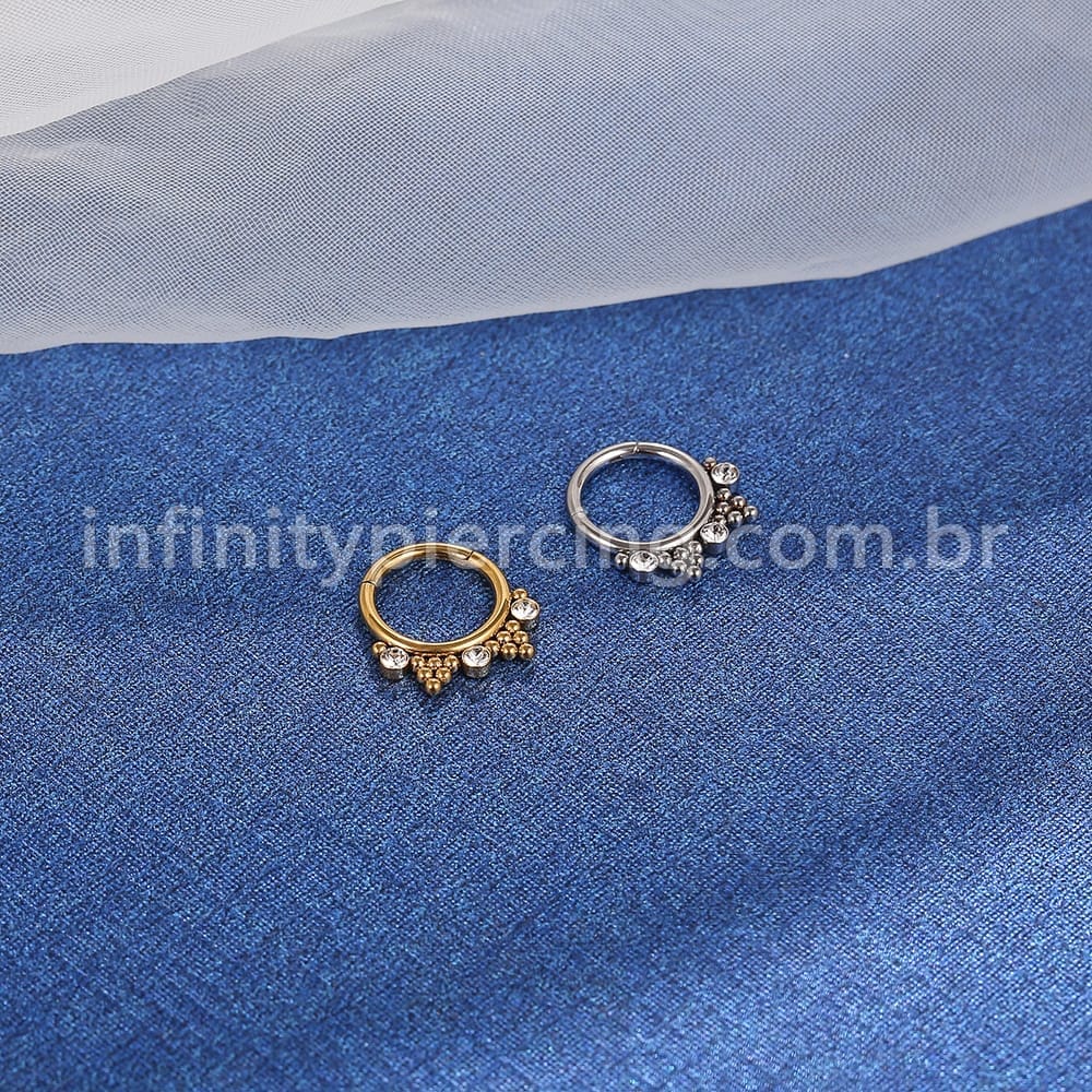 Piercing Argola Segmento Articulado Aço Cirúrgico 3 Pedras Zircônia