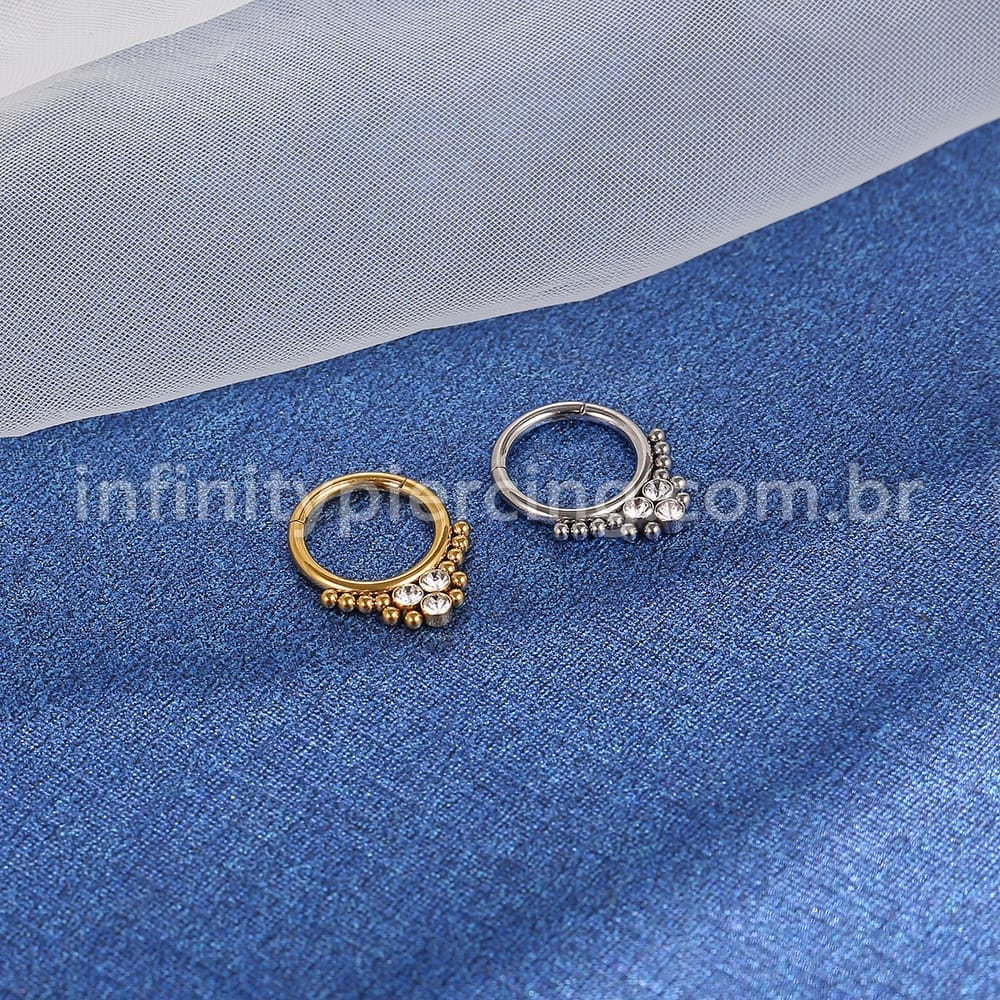 Piercing Argola Aço Cirúrgico Segmento Articulado 3 Pedras Zircônia