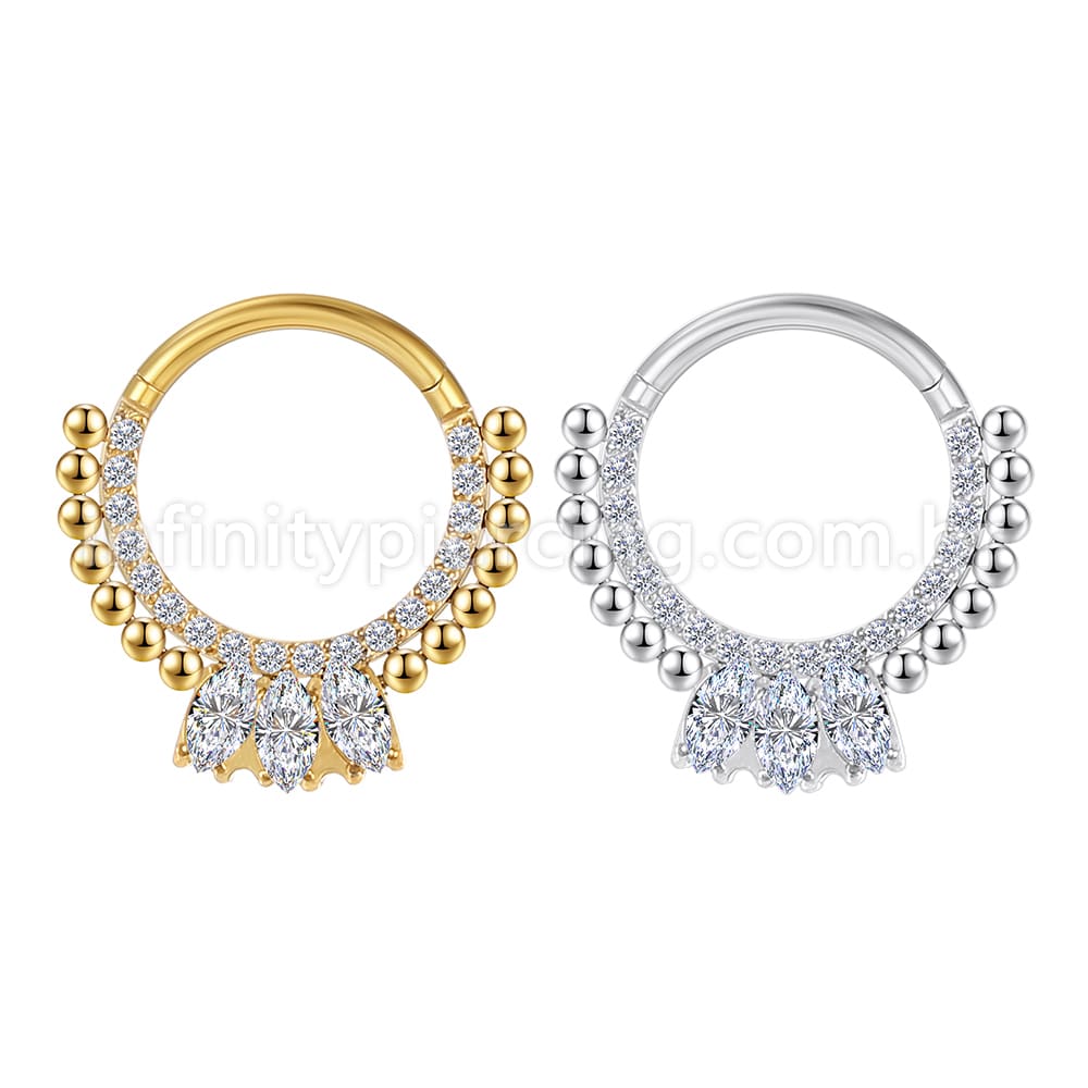 Piercing Argola Segmentada Aço Cirurgico Zircônia 3 Pedras Ovais Com Pontas